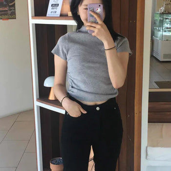 Shirred Plain Regular Fit Cap Sleeve Short Sleeve T-shirt