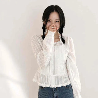 Pintuck Frill Shirred Button-Down Long Sleeve Blouse
