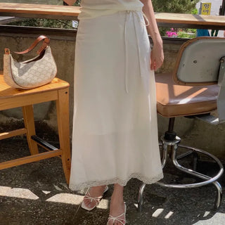 Unt Lace Ribbon Strap Long Skirt