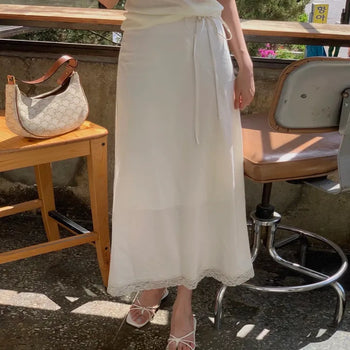 Unt Lace Ribbon Strap Long Skirt