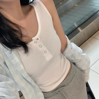 Etia Henley Neck Buttoned Ribbed Sleeveless Top