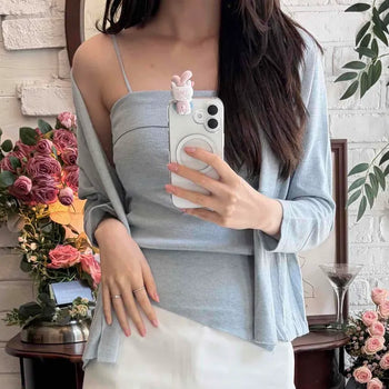 Relaxed Fit Plain Strap Layered Long Sleeve Two-Piece Set