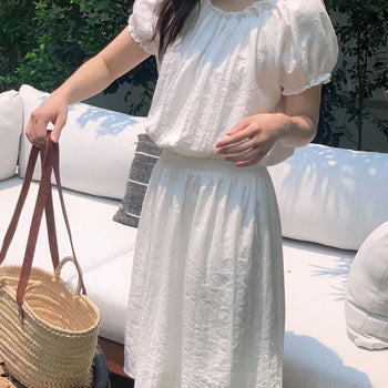 Short Sleeve Blouse + Flare Midi Skirt Two-Piece Set