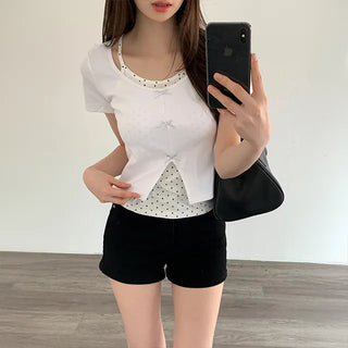 Kelsey Dot Sleeveless Ribbon Layered Short Sleeve Tee