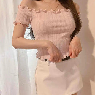 Frill Shirred Fitted Plain Short Sleeve T-shirt