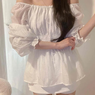 Shirred Frill Ribbon Loose Fit A-Line Long Sleeve Blouse