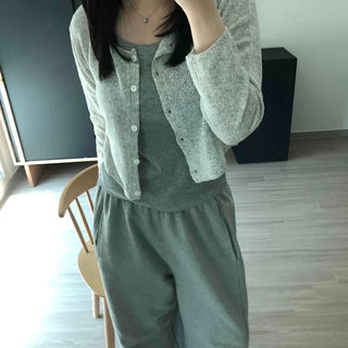 Color-blocked Button-down Plain Long Sleeve Cardigan