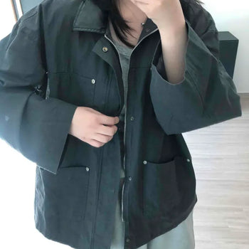 Oversized Plain Flap Pocket Contrast Long Sleeve Jacket