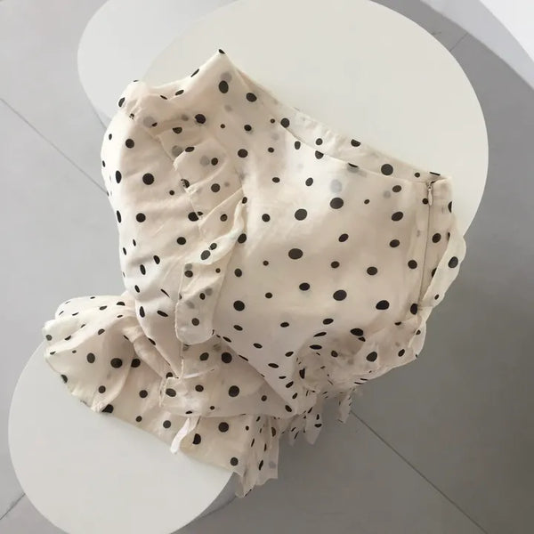 Lovely frill chiffon polka dot midi skirt asymmetrical summer skirt