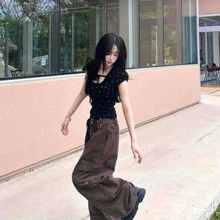 Cargo Pocket Washed Button Wide Daily Long Pants