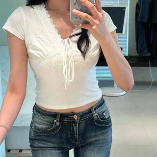 Shirred String Slim Fit Plain Short Sleeve T-shirt