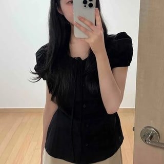 Shirred Button Backless Plain Daily Blouse