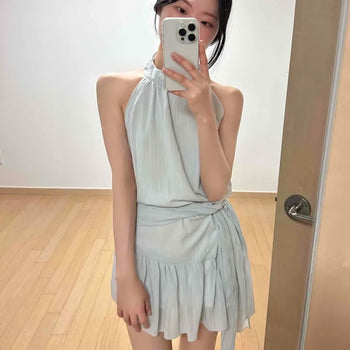 Shirred Ribbon Zipper Strap Sleeveless Mini Dress