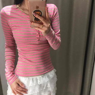 Slim Fit Striped Button Long Sleeve Daily T-shirt