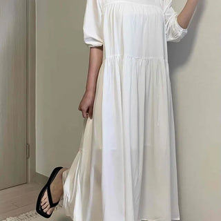 Shirred Tiered A-Line Loose Fit Short Sleeve Long Dress
