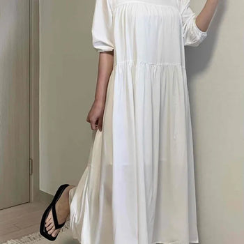 Shirred Tiered A-Line Loose Fit Short Sleeve Long Dress
