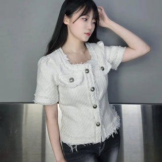 Frill Button Flap Pocket Fitted Plain Short Sleeve Jacket