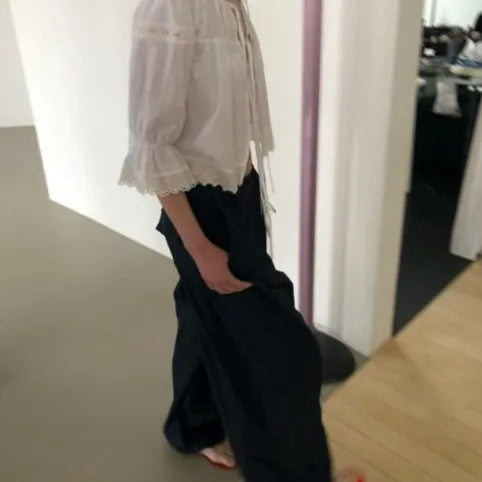 Lace embroidered blouse, puff sleeve blouse