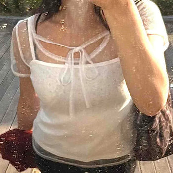 Fitted Plain Ribbon See-through Daily Short Sleeve T-shirt