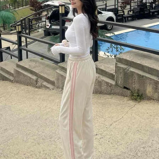String Color Block Loose Fit Striped Wide Long Pants