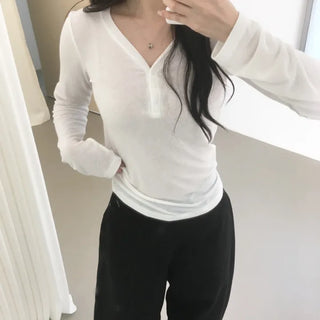 Tencel V-neck long-sleeve tee