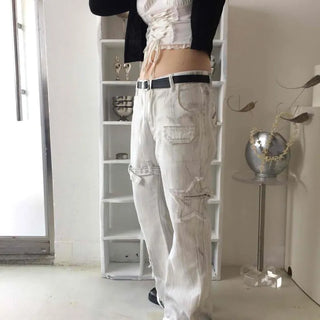 Loake Washed Lettering Cargo Pocket Wide Loose Fit Long Pants