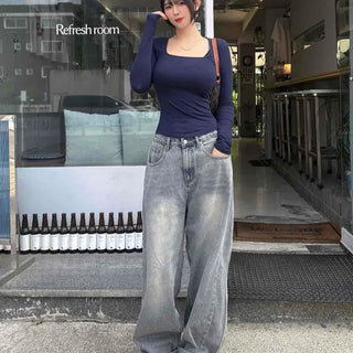 Washed Button Wide Loose Fit Daily Long Pants