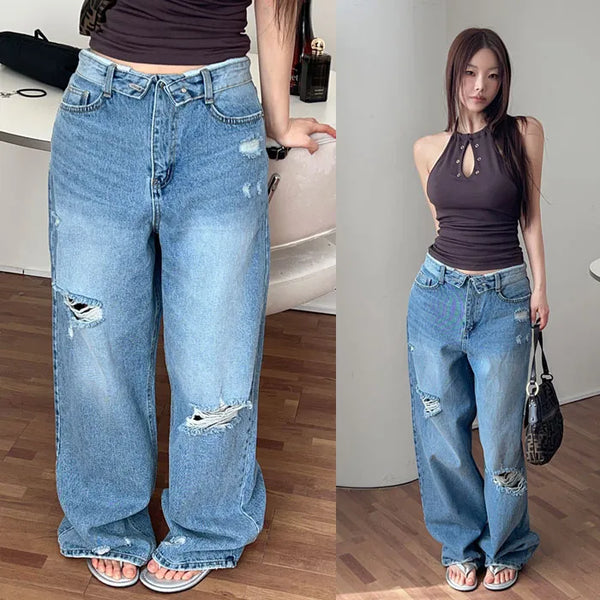 Desive Folding Waist Denim Wide Pants