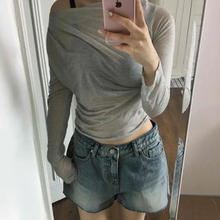 Drape Wrap Plain Loose Fit Daily Long Sleeve T-shirt
