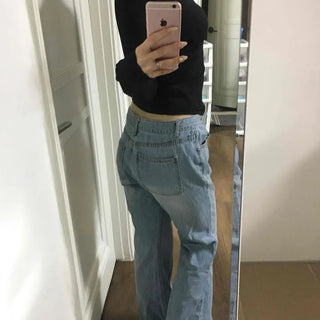 Washed Zipper Button Flare Loose Fit Long Pants