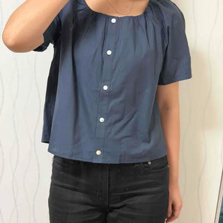 Shirred Button Plain Loose Fit Short Sleeve Blouse