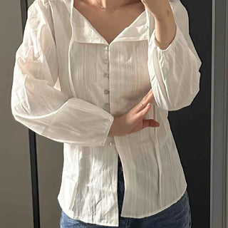 Shirred Button-Down Loose Fit Plain Long Sleeve Blouse
