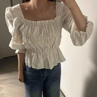 Shirred Frill Plain Feminine Daily Blouse