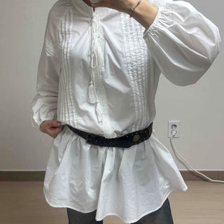 Pintuck Shirred Ribbon A-Line Long Sleeve Mini Dress