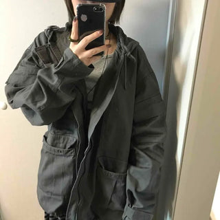 Flap Pocket Zipper Hooded Oversized Field Jacket