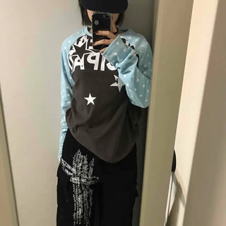 Color Block Dot Lettering Raglan Loose Fit Long Sleeve T-shirt