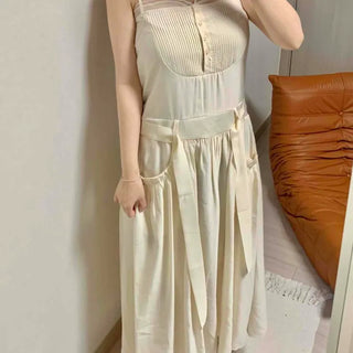 Pintuck Button Strap A-line Sleeveless Loose Fit Long Dress