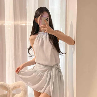 Shirred Strap Loose Fit A-Line Sleeveless Mini Dress