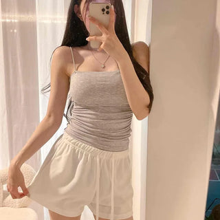 Shirred Slim Fit Plain Strap Daily Sleeveless