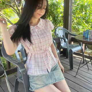 Regular Fit Gingham Check Ribbon Button Short Sleeve Blouse