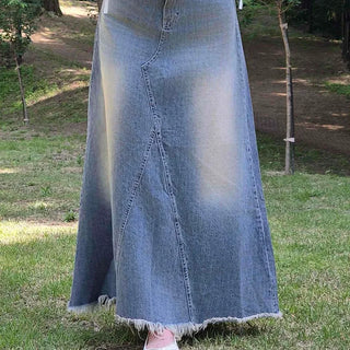 Washed Frayed Hem Flare A-Line Regular Fit Long Skirt