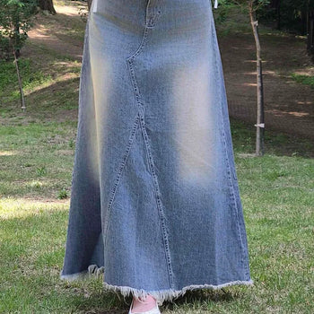 Washed Frayed Hem Flare A-Line Regular Fit Long Skirt