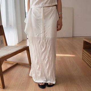 Aka Pleated Elastic Waist H-Line Low-Rise Maxi Long Skirt