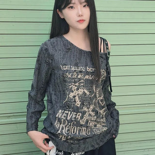 Strap Buckle Washed Loose Fit Lettering Long Sleeve T-shirt