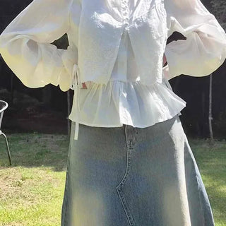 Frill Button Plain Long Sleeve Daily Blouse