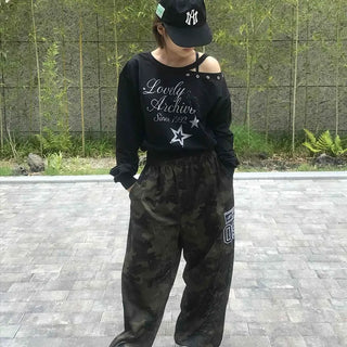 Eyelet Lettering Graphic Loose Fit Long Sleeve Sweatshirt