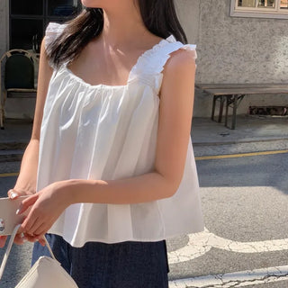 Slow Frill Shirred Flare Banded Sleeveless Blouse