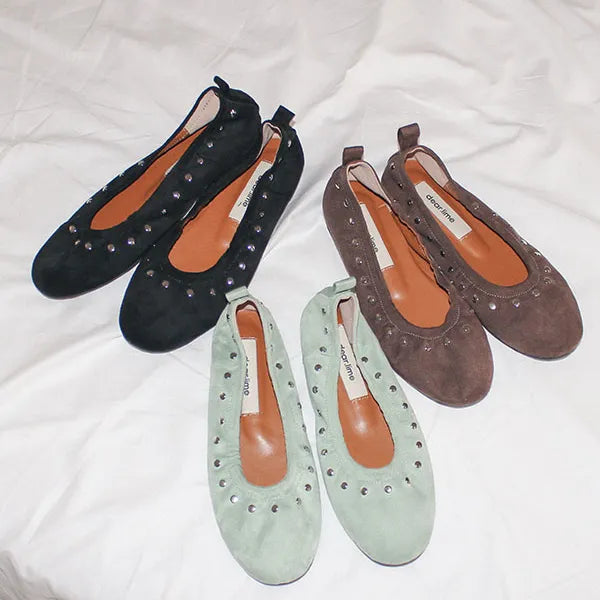 Suede studded round-toe flat shoes 3 colors