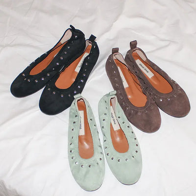 Suede studded round-toe flat shoes 3 colors
