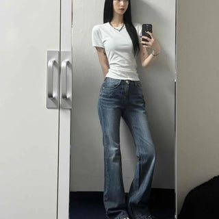 Washed Zipper Button Bootcut Daily Long Pants